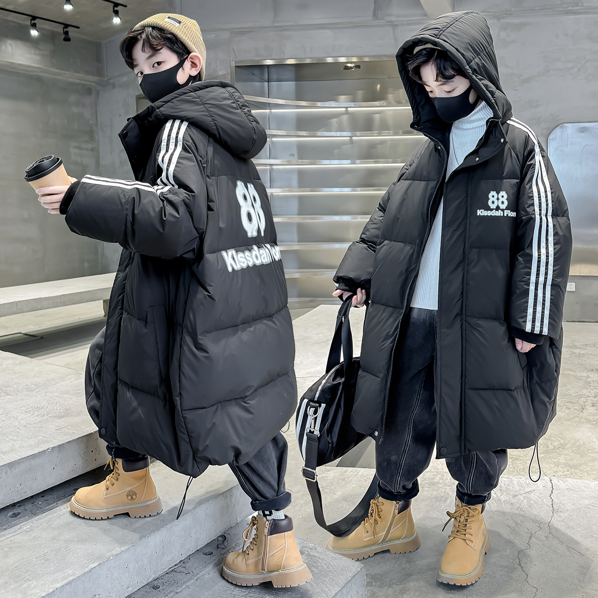 男童羽绒服长款宽松男孩冬季连帽加厚保暖外套儿童过膝棉服中大童