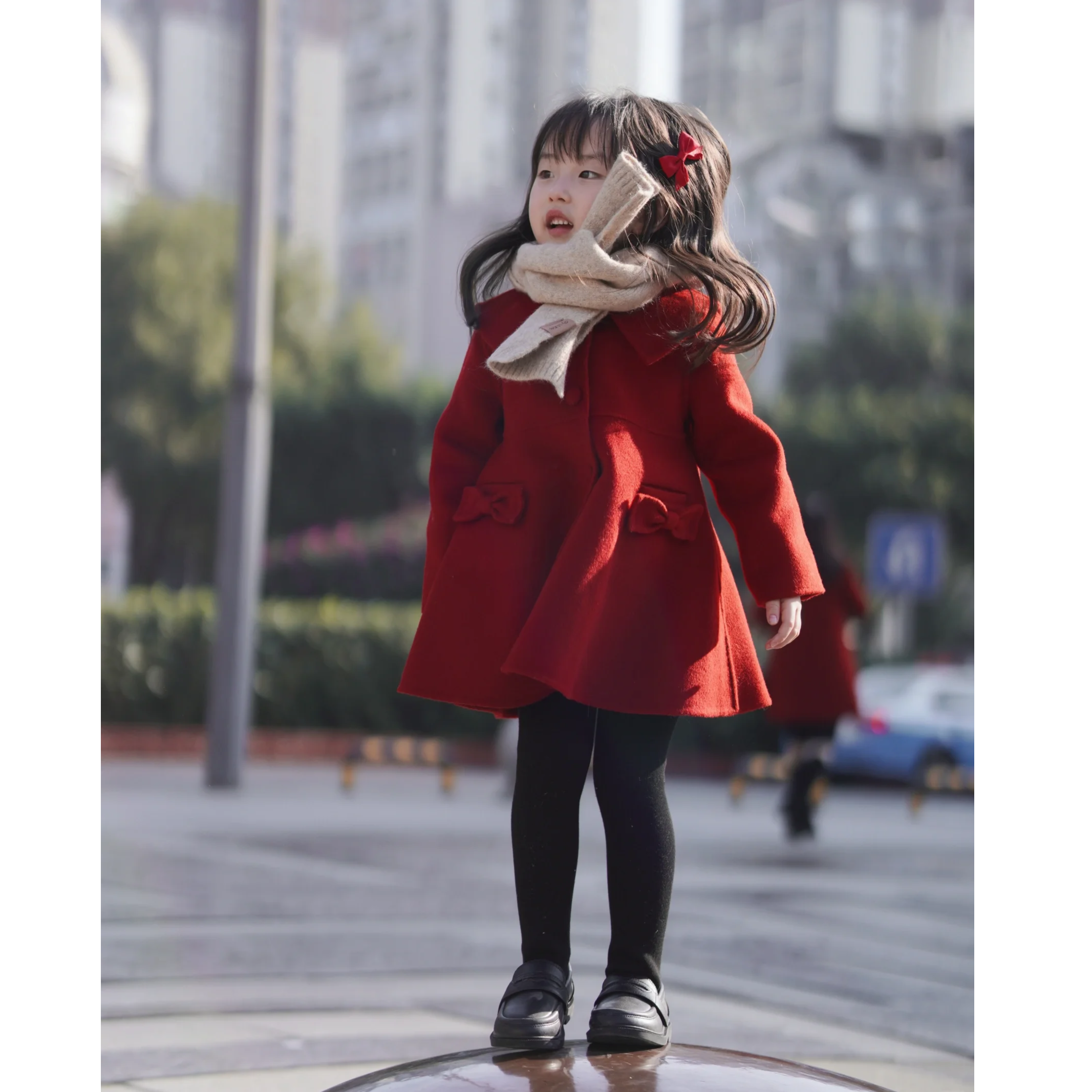 壹妈童装女童冬季洋气新年红色呢子外套小女孩翻领蝴蝶结毛呢大衣