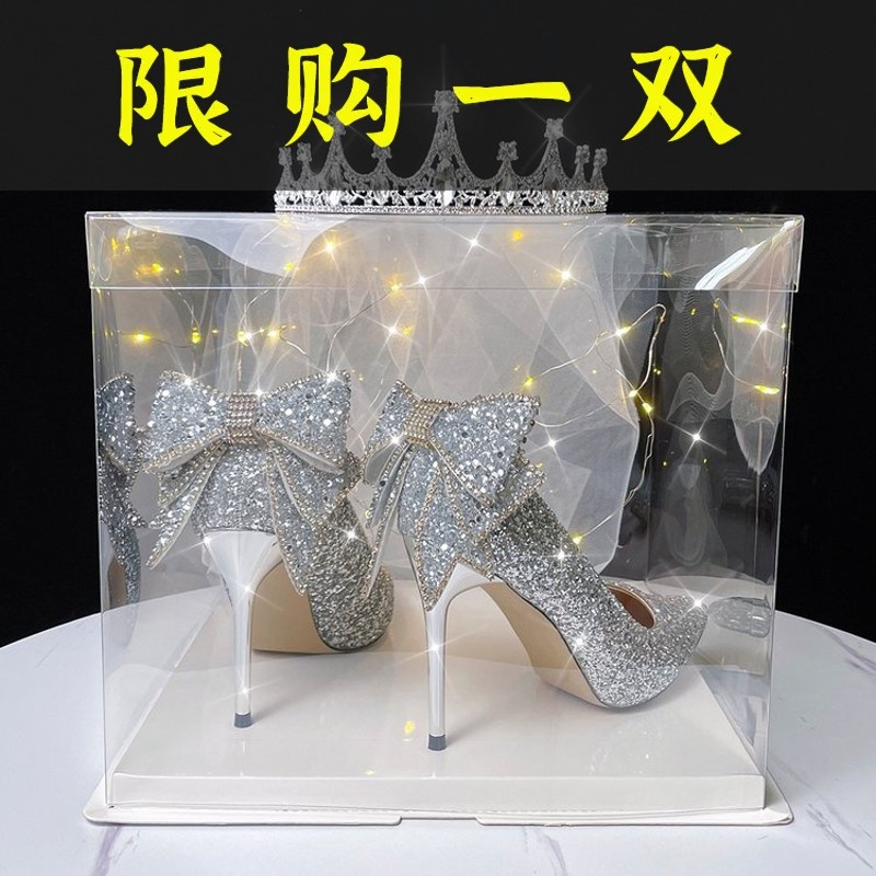 百丽纯爱仙女名媛气质高跟鞋18岁成人生日礼物蝴蝶结水晶新娘婚