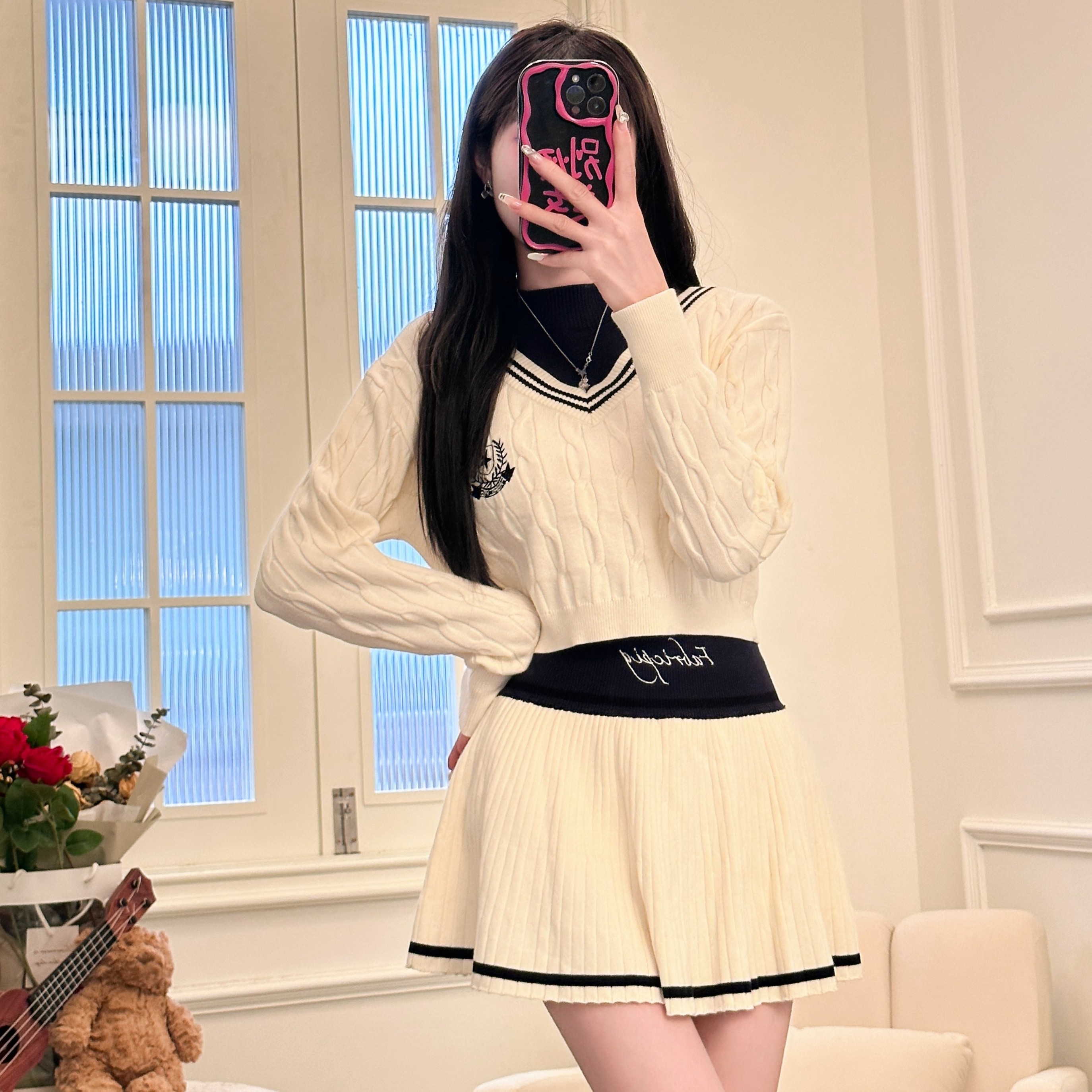 怦然心动 织物猪原创 美式学院风千金感温柔气质米杏色JK制服