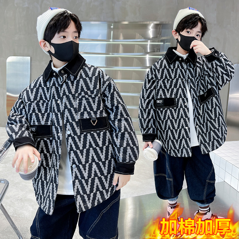 儿童装男童冬装加绒外套冬款2023新款中大儿童男孩夹棉加厚棉衣潮