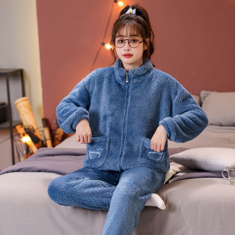 法兰绒睡衣女冬季新款高领拉链长袖长裤卡通休闲保暖家居服套装潮