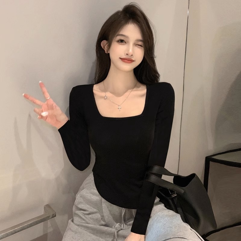 纯欲甜辣方领T恤女2024春装新款大码长袖显瘦短款打底衫白色上衣