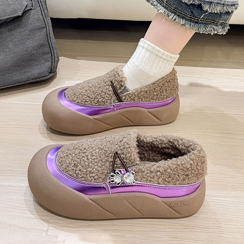 回力瑞厚底加绒面包鞋女2023秋冬新款一脚蹬休闲运动羊羔毛女鞋子