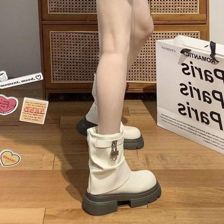2023秋冬新款 加绒厚底短筒靴女 复古百搭堆堆裤管靴白色中筒靴子