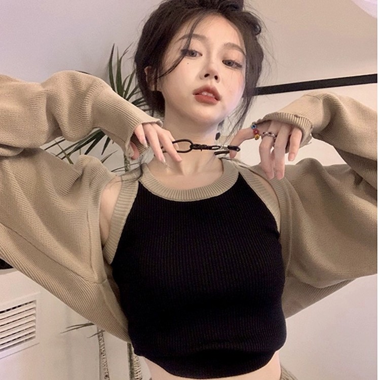 秋季毛衣女两件套外穿长袖外穿显瘦小众设计感时尚披肩短款上衣