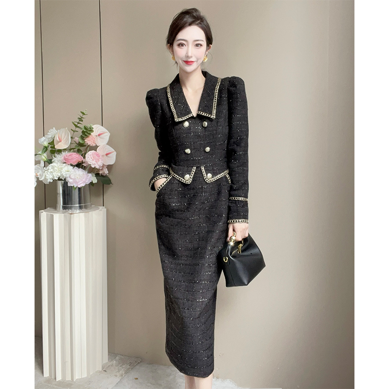 格娜黑色小香风连衣裙秋冬高级感法式约会气质高贵上档次长袖裙子