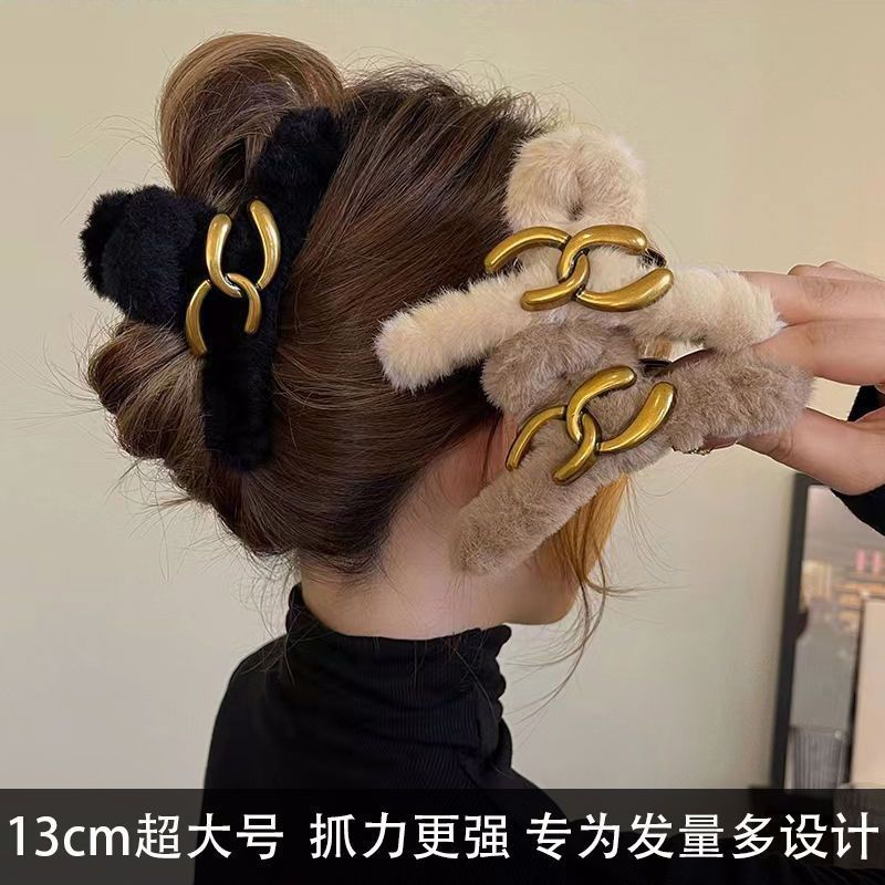 网红冬季可爱大号双C毛绒抓夹女发量多毛毛抓夹后脑勺盘发鲨鱼夹