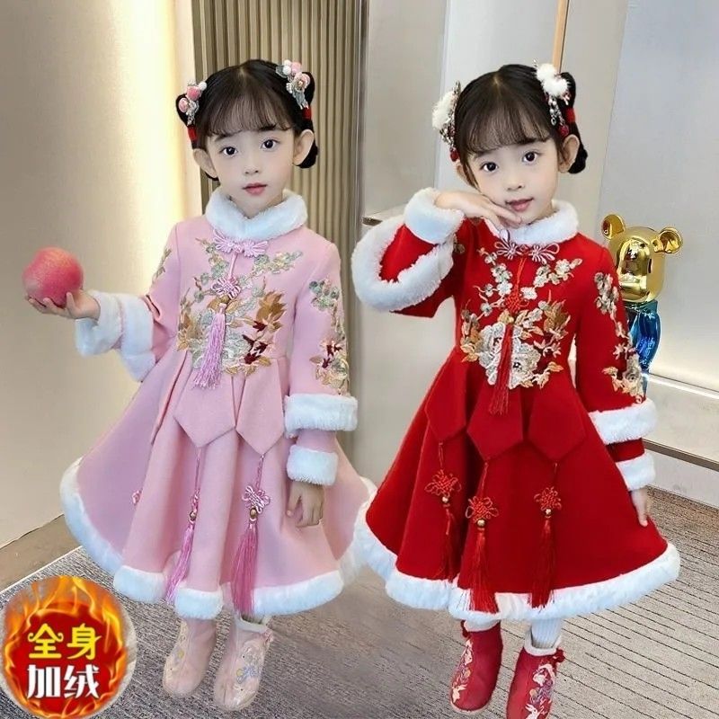 汉服女童秋冬中国风连衣裙拜年服儿童旗袍加绒冬季古装宝宝公主裙
