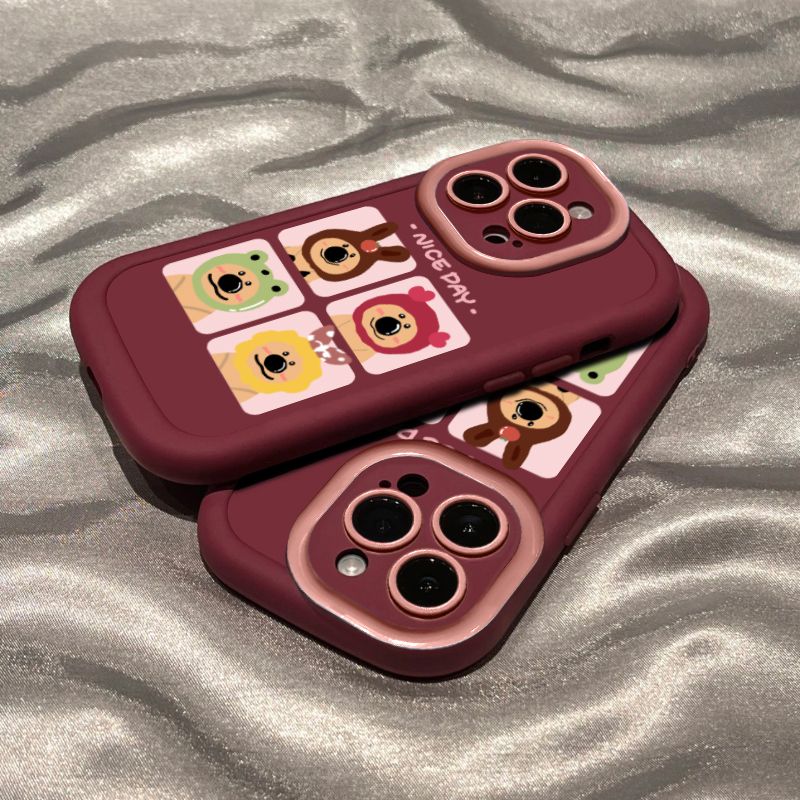 四方格柿子熊苹果13手机壳iPhone15卡通11气囊14Promax软壳12磨砂