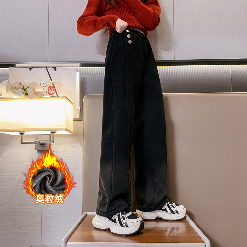 女童裤子秋冬外穿中大童冬款加绒加厚一体绒阔腿裤冬天儿童牛仔裤