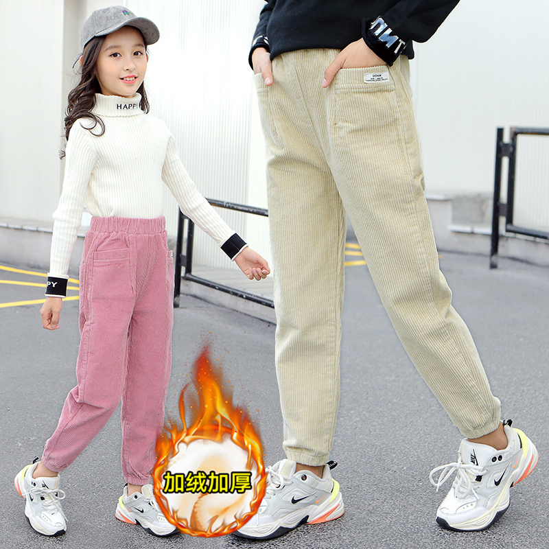 女童裤子加绒加厚秋冬保暖洋气儿童中大童灯芯绒宽松冬季外穿长裤