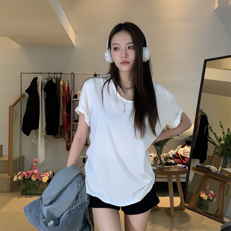 HHYB纯色t恤设计感百搭短袖夏季韩版U领休闲宽松简约打底上衣8329