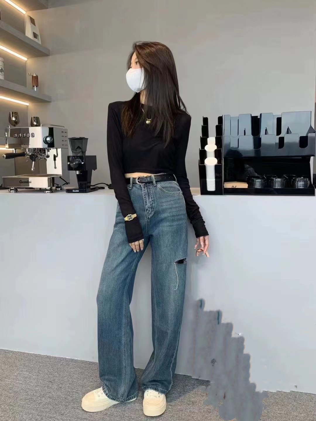 简爱女装 割破阔腿牛仔裤女2023薄料拖地长裤 6131