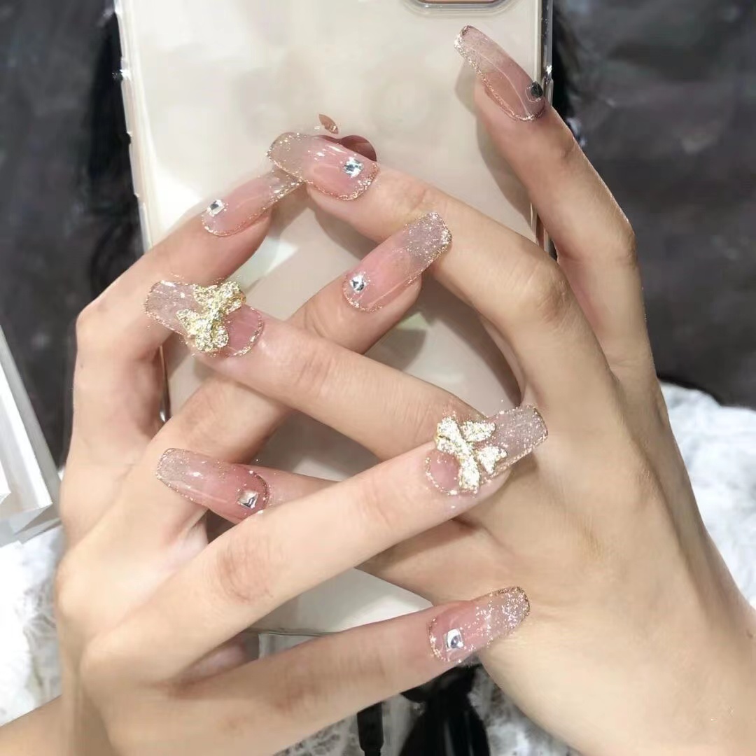 银色蝴蝶纯手工光疗美甲穿戴甲重复使用美甲贴片显白穿戴式美甲