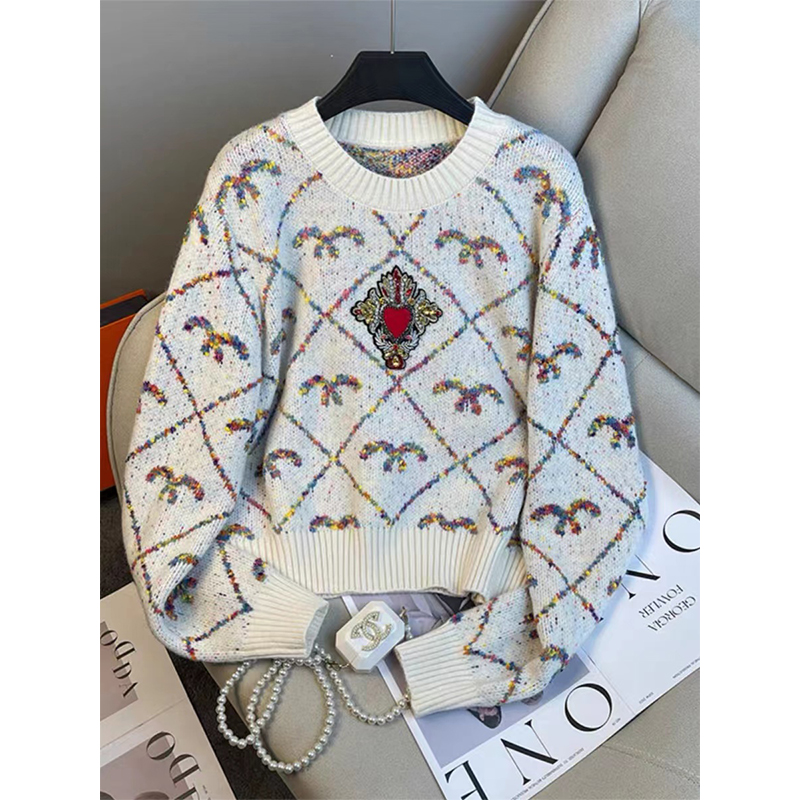 法式慵懒风重工烫钻复古毛衣女秋冬2023新款提花宽松显瘦毛针织衫