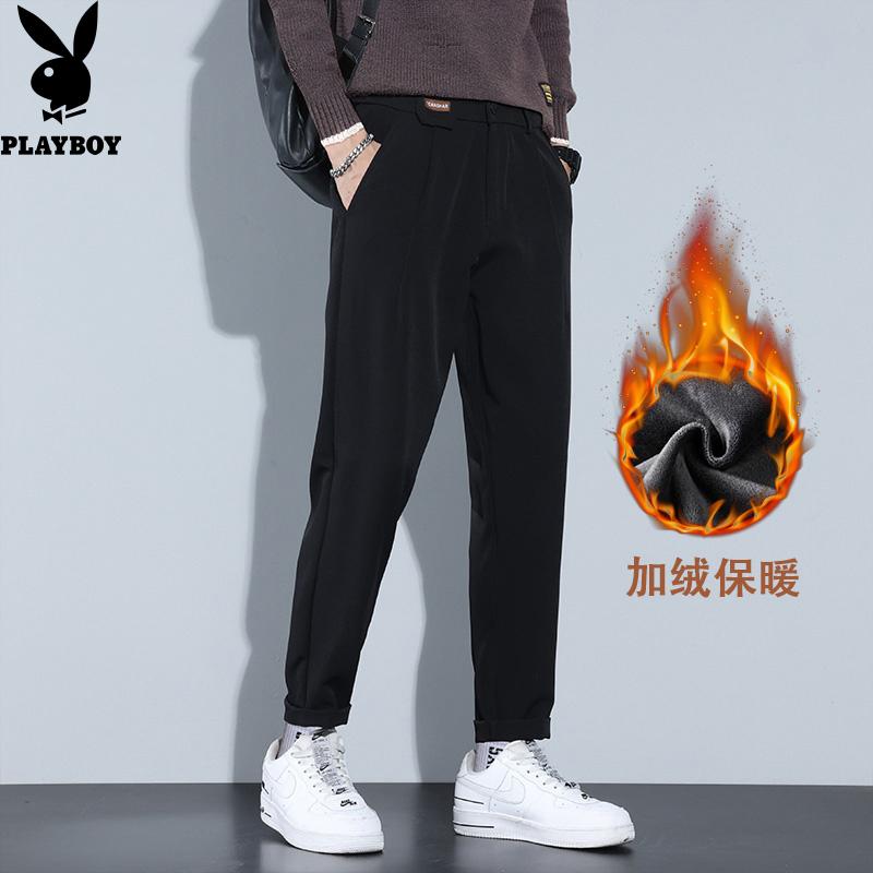 PLAYBOY ESTABLISHED 1953休闲裤男潮流直筒加绒加厚九分西装裤子
