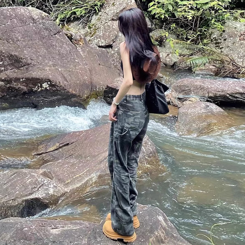 秋季美式迷彩工装裤男秋款户外冲锋裤宽松直筒显瘦阔腿牛仔登山裤