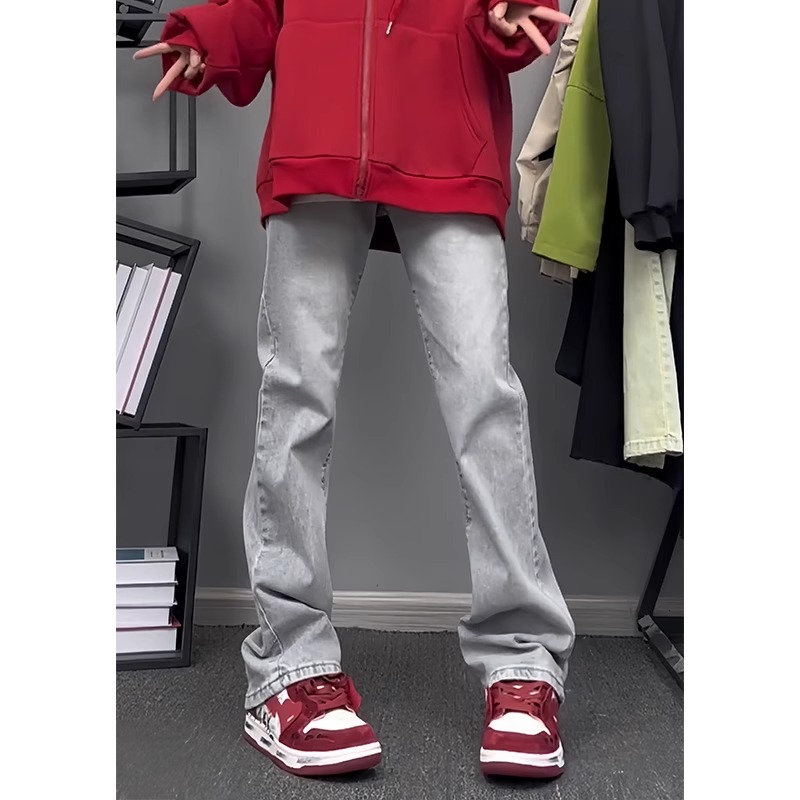 美式复古cleanfit裤子高街vibe潮牌烟灰色牛仔裤男修身直筒微喇裤