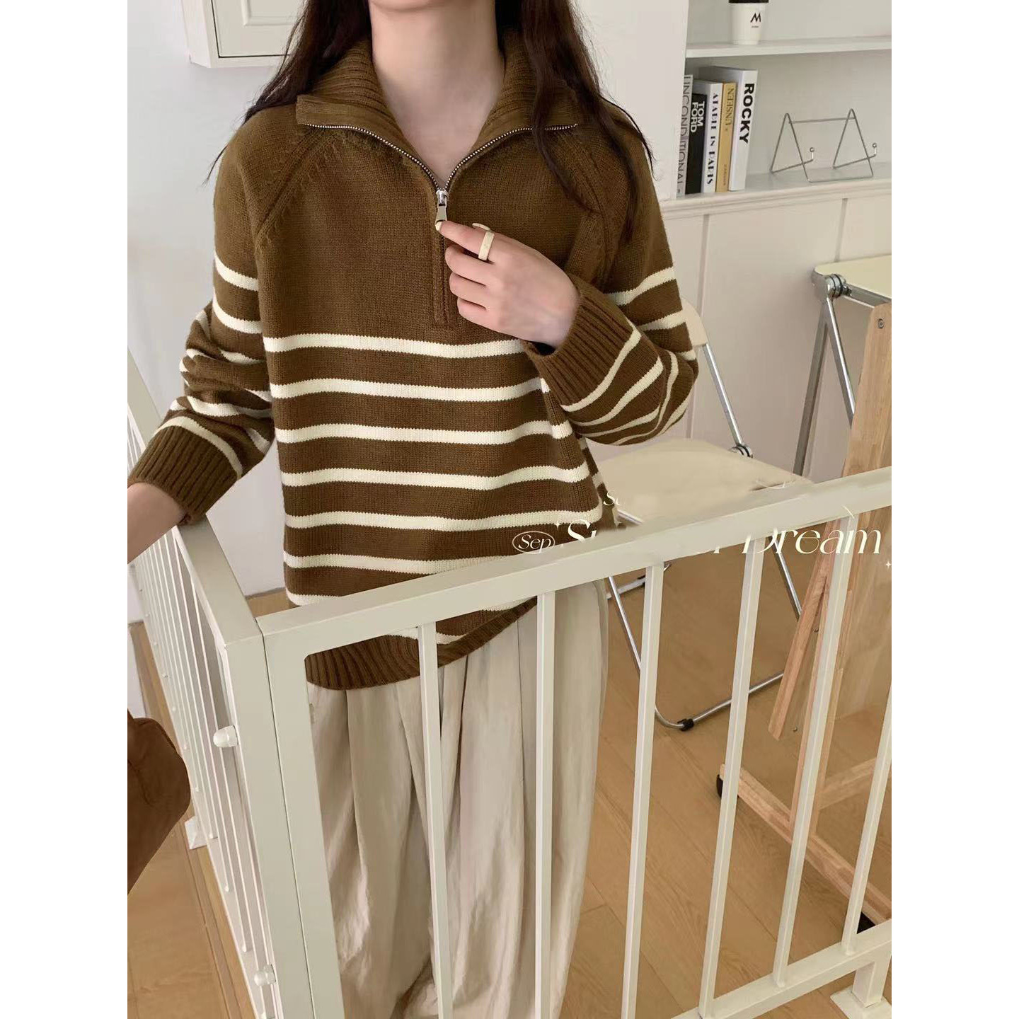 秋季时尚套头条纹宽松显瘦半拉链针织衫（WS9332） T1027