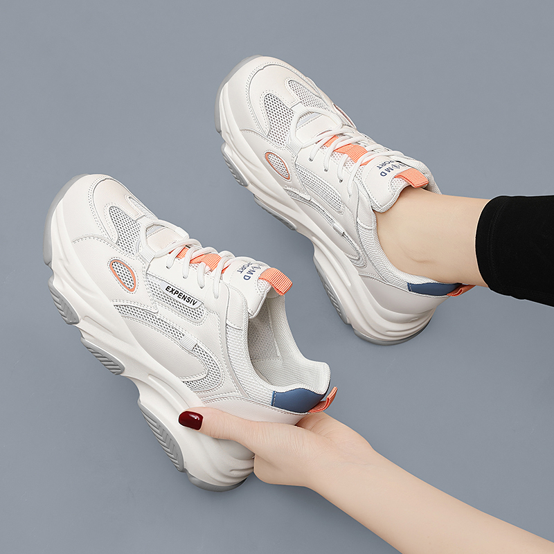 真皮老爹鞋女款2023新款春秋款2022休闲运动厚底软底白色旅游妈妈