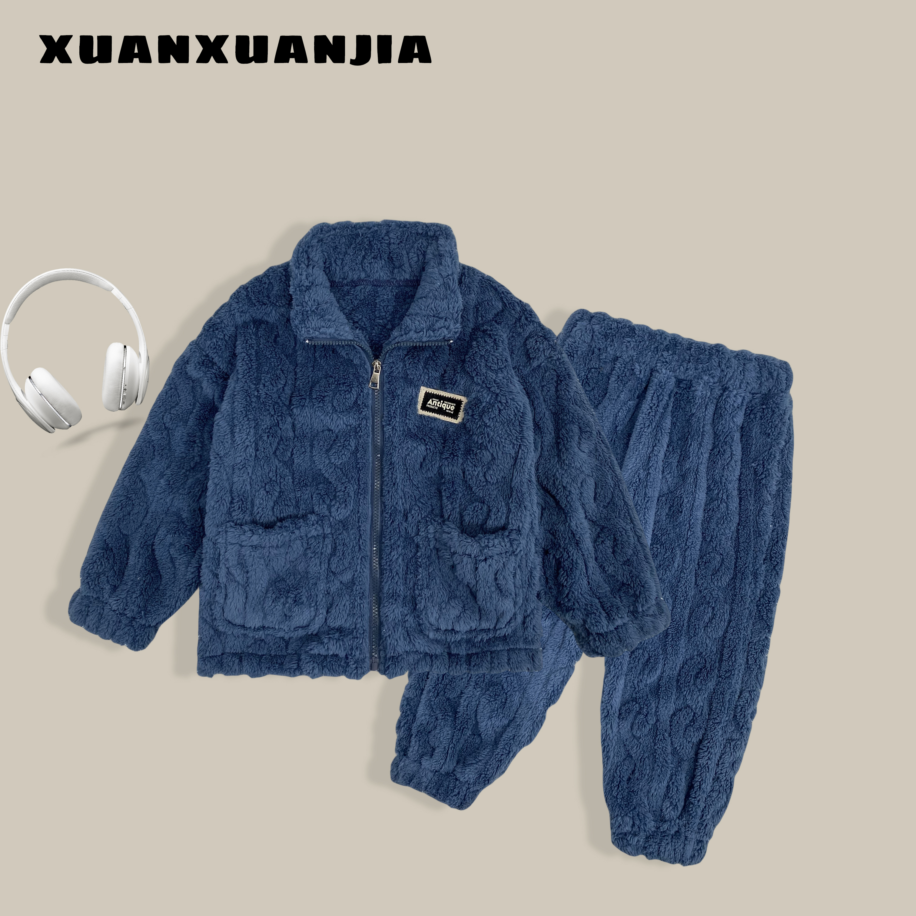 Q1394男童珊瑚绒家居服2023冬季新款儿童家居服套装萱萱家童装