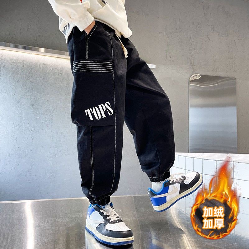 300756童装男童冬季加绒工装裤2023儿童休闲裤宝宝长裤萱萱家童