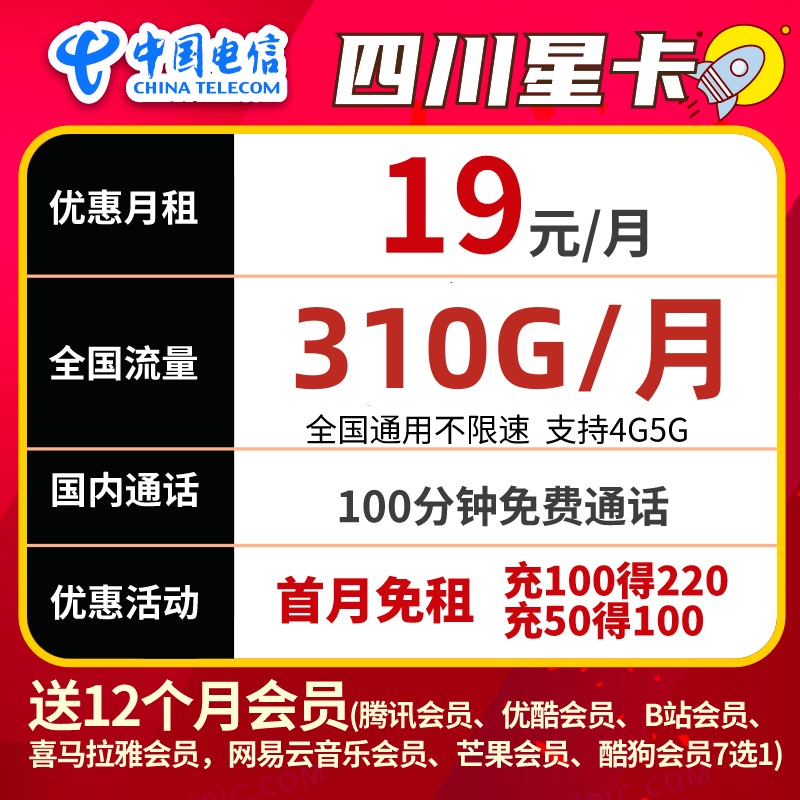 【四川星省内发货】中国电信星卡四川电话卡办理5G大流量卡19元310G