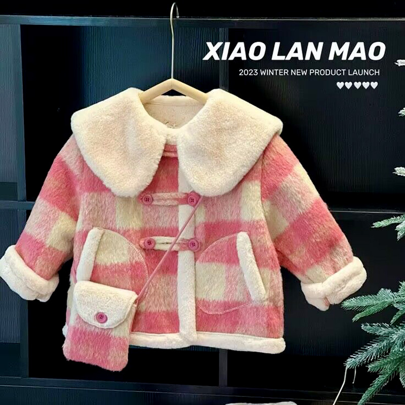 女童外套秋冬款2023新款洋气儿童兔毛加绒呢子大衣冬装宝宝上衣潮