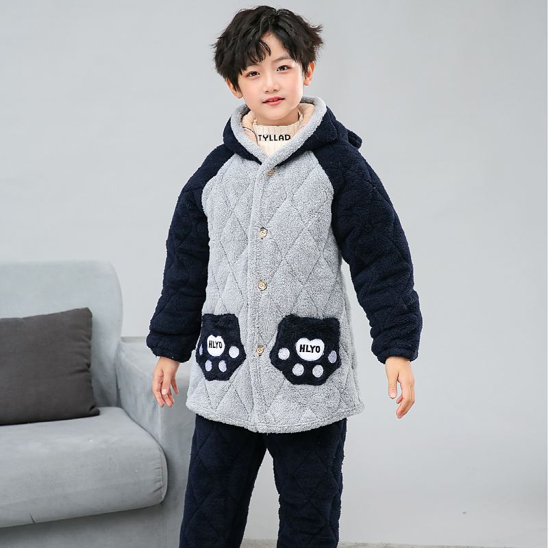 儿童秋冬季三层加厚睡衣套装男童3-16岁加绒保暖冬款家居服套装