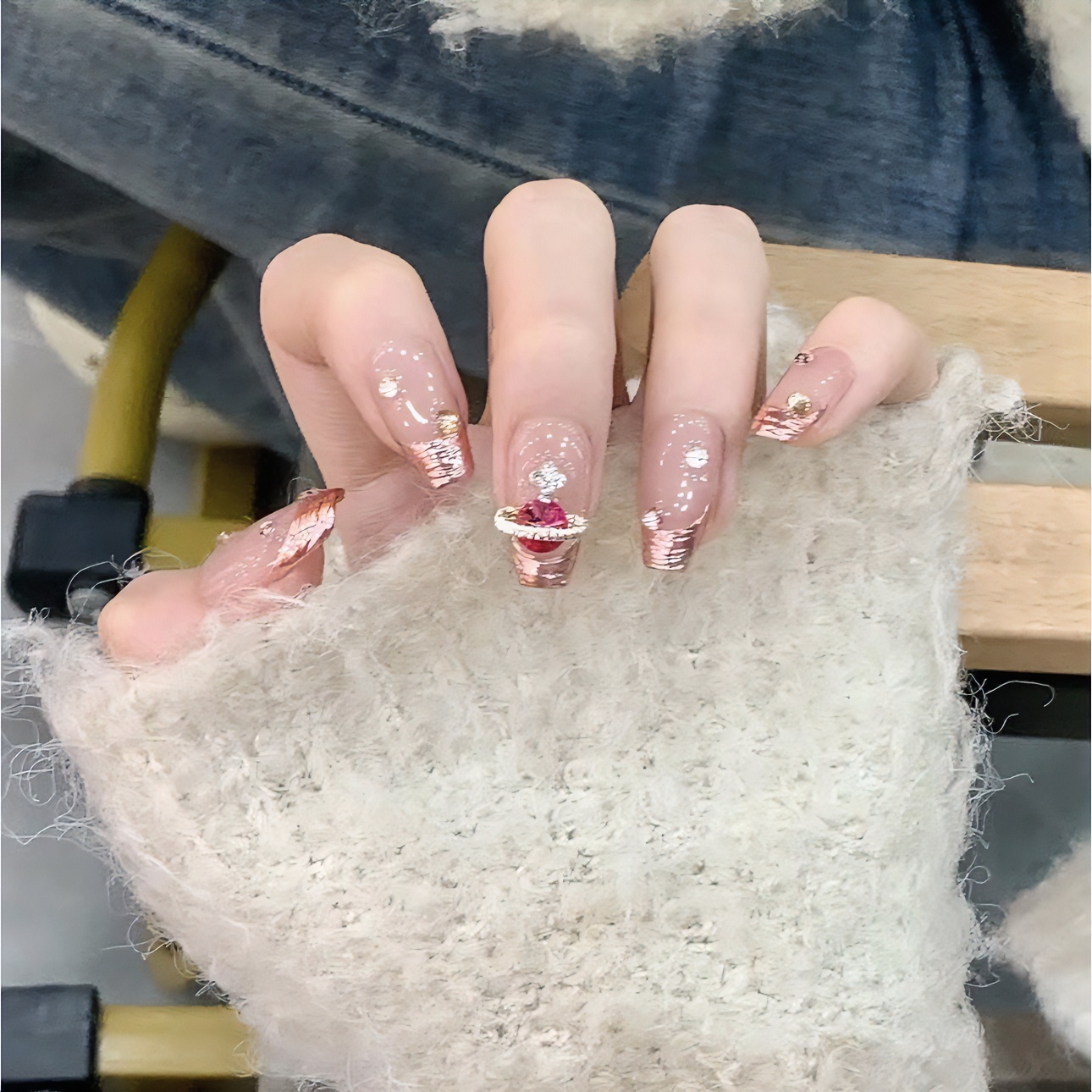 JJ手工定制甲片拆卸穿戴假指甲光疗贴玫瑰金魔镜西太后土星钻美甲