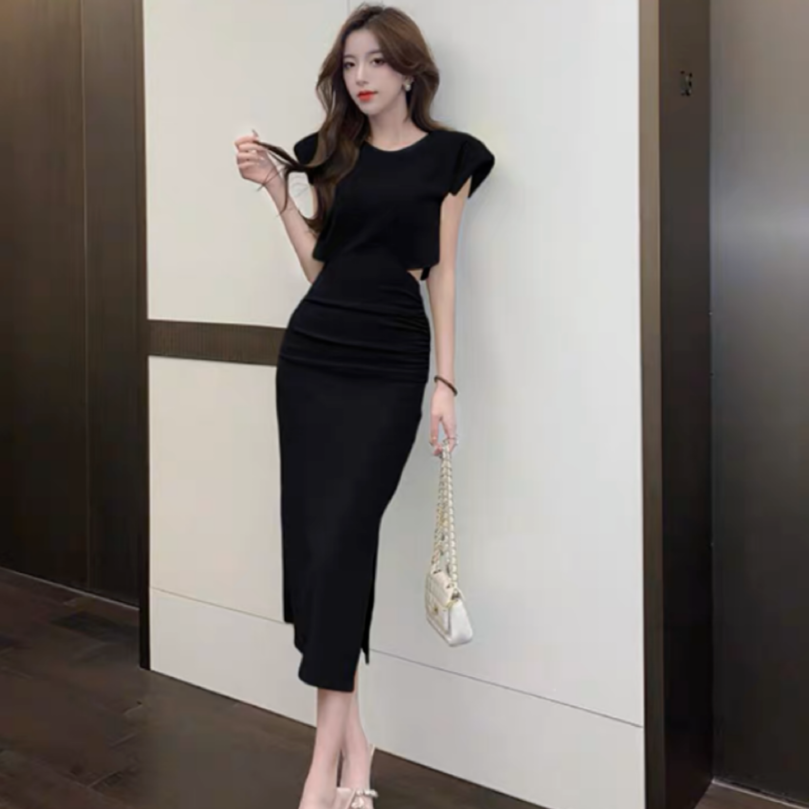 夏季时尚名媛法式镂空高腰开叉褶皱修身包臀气质收腰显瘦连衣裙