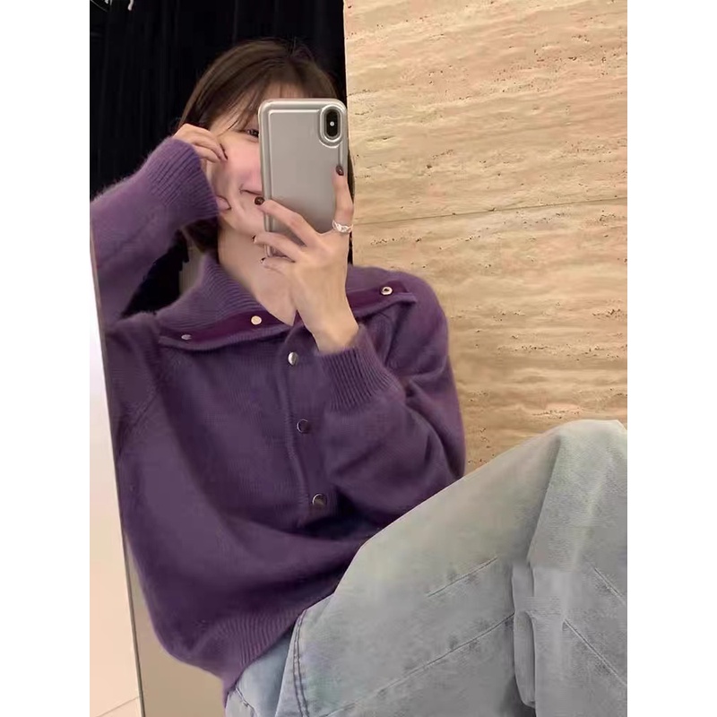 翻领毛衣女秋冬新款加厚针织开衫外套洋气时尚别致设计感高领上衣