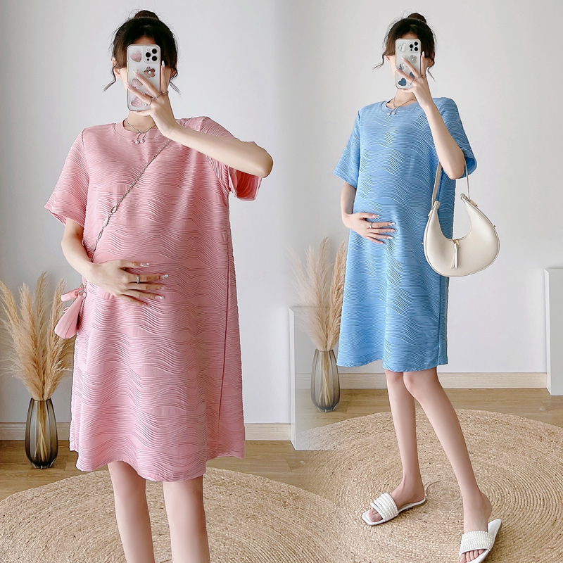 孕妇春夏季短袖简单水波纹连衣裙中长款休闲宽松时尚气质显瘦复古