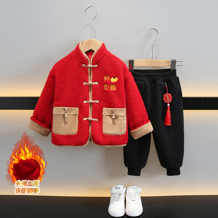 男童冬季中国风拜年服宝宝加绒加厚卫衣套装儿童时髦新年喜庆衣服