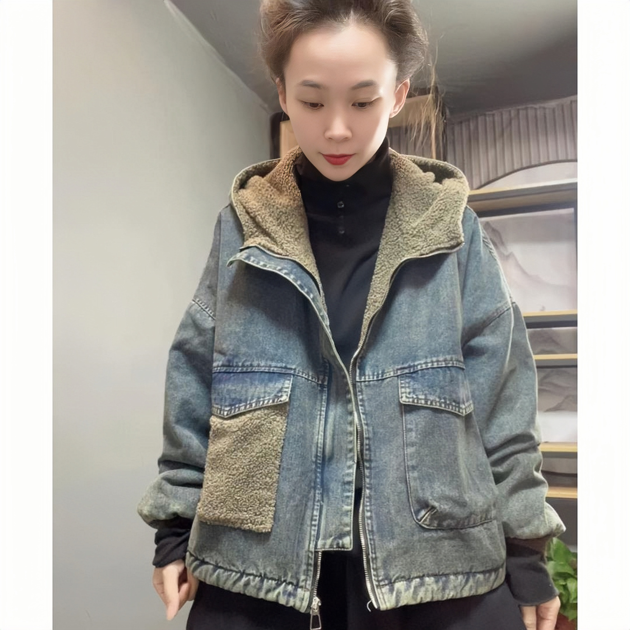 现货款琥珀冬时尚百搭显瘦高端洋气潮流加绒牛仔短外套