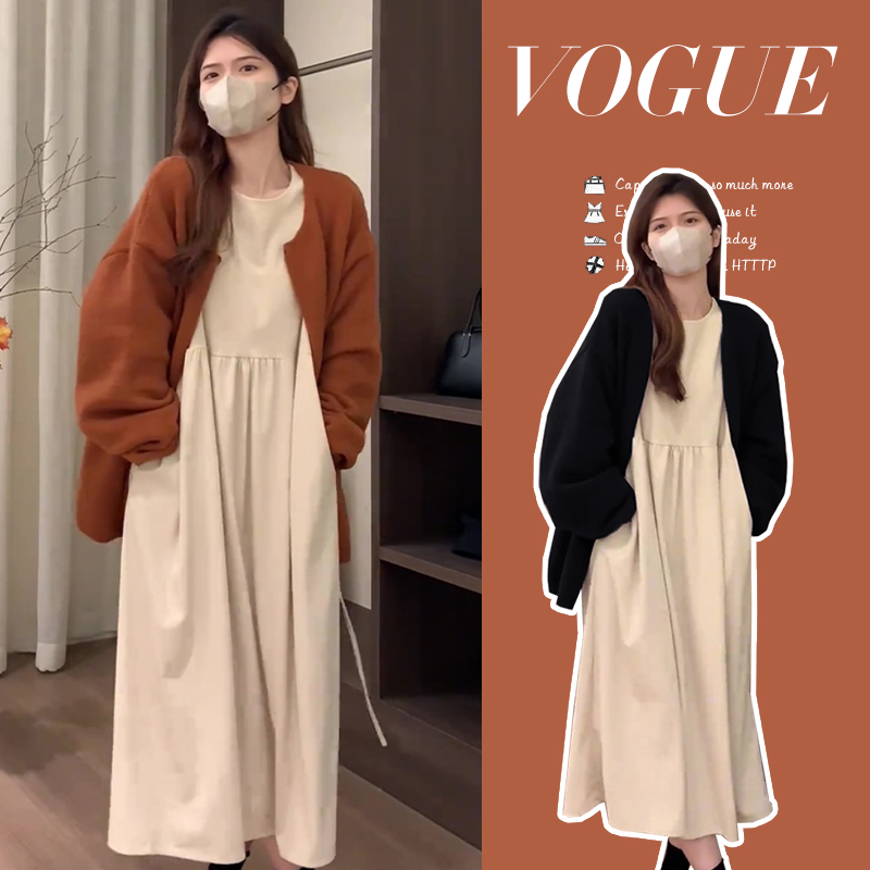 【昕昕家】孕妇装2023秋冬法式灯芯绒长款连衣裙+毛衣外套孕妇套装