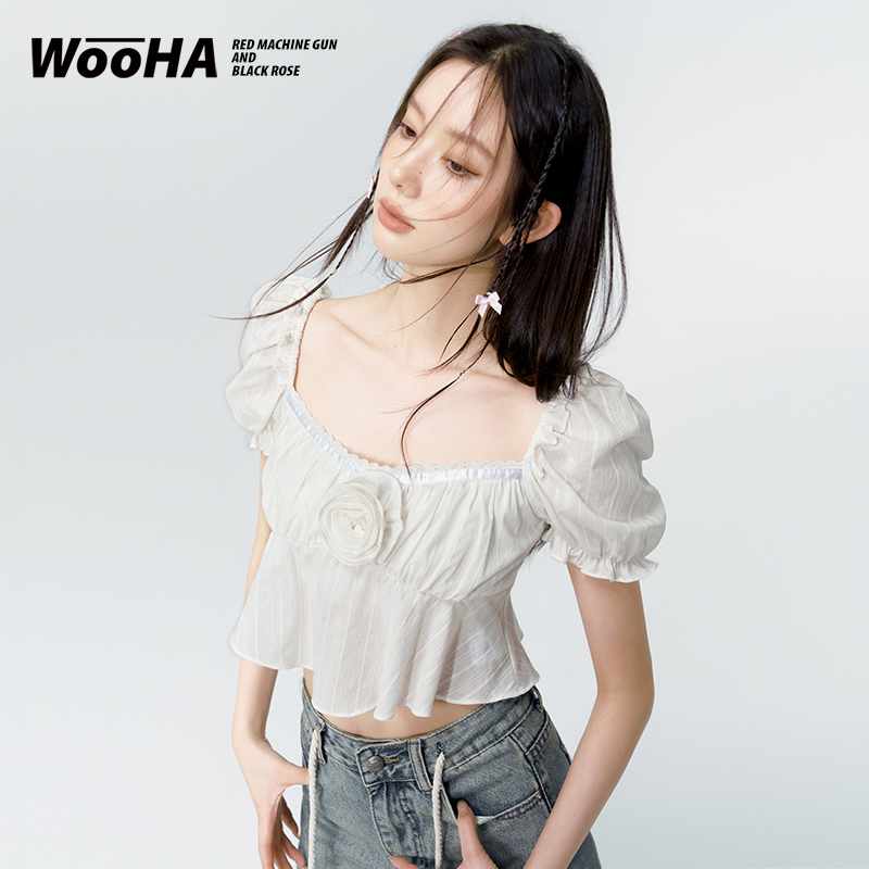 WooHa/吾哈2023夏季新款法式小衫甜美复古方领白色衬衫女