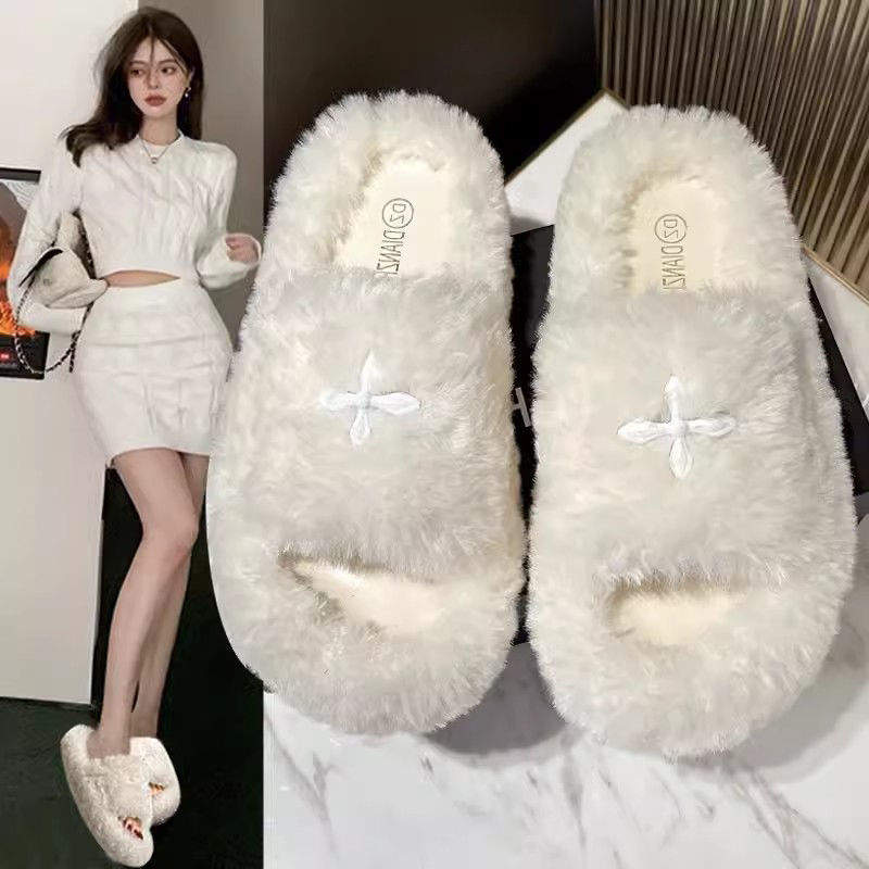 百丽纯爱毛毛拖鞋女外穿春秋季2023新款网红超火ins潮防滑厚底棉
