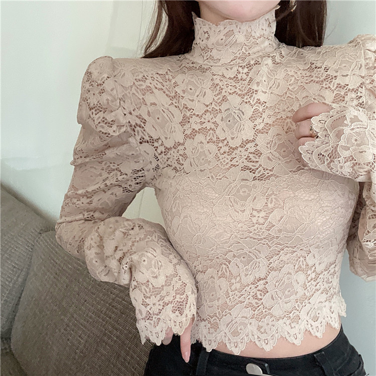 法式宫廷风高领蕾丝打底衫女装秋冬新款洋气泡泡袖修身显瘦上衣潮