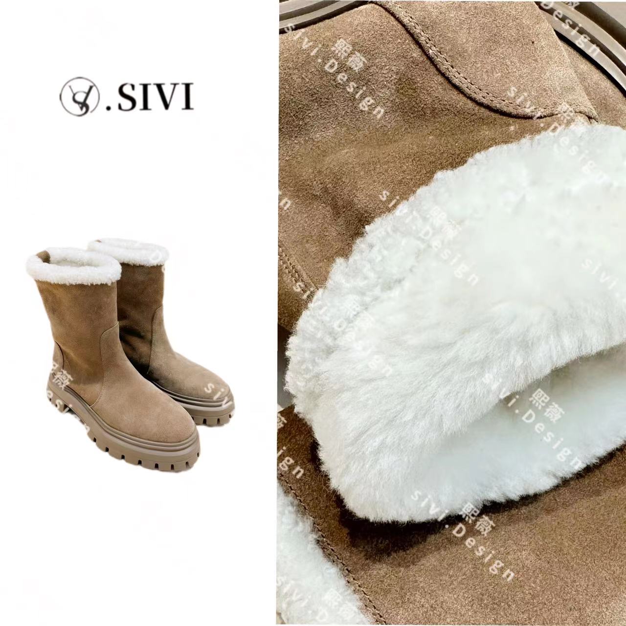 【熙薇品牌】2023秋冬新款牛反绒皮毛一体增高厚底雪地靴F2136