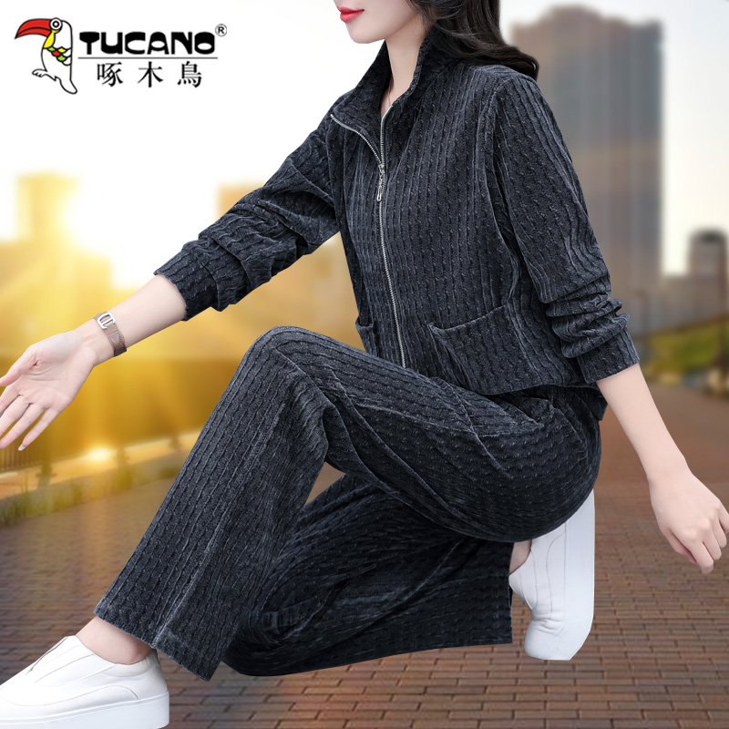 啄木鸟休闲运动服套装女2023新款春秋妈妈时尚洋气减龄开衫两件套