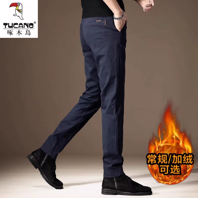 啄木鸟秋冬季纯棉男士休闲裤高端弹力小脚西裤修身直筒裤子男加绒
