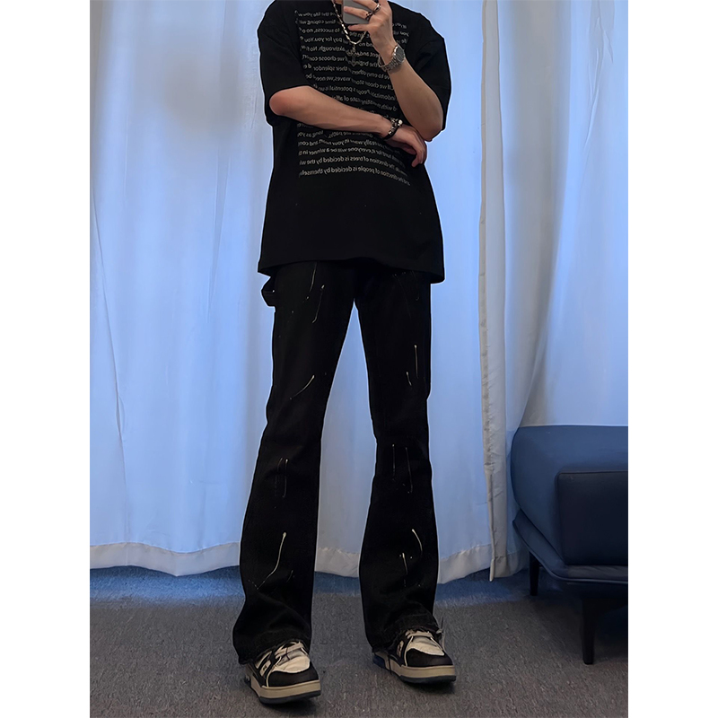 JEEP吉普黑色泼墨牛仔裤男春秋高街vibe修身直筒微喇裤子美式clea