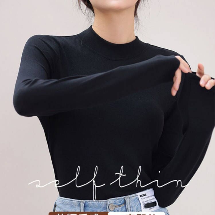 【姿姐专属】莫代尔半高领打底衫春秋长袖上衣纯色修身显瘦圆领内搭