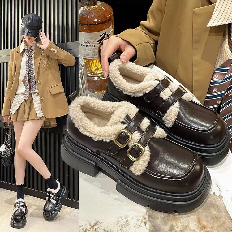 溯源好物加绒小皮鞋女2023秋冬季新款休闲乐福鞋女厚底学生女鞋子