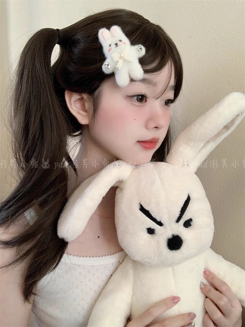 毛绒绒白色蝴蝶结水钻兔兔发夹甜美可爱奶黄色边夹日系少女发饰品