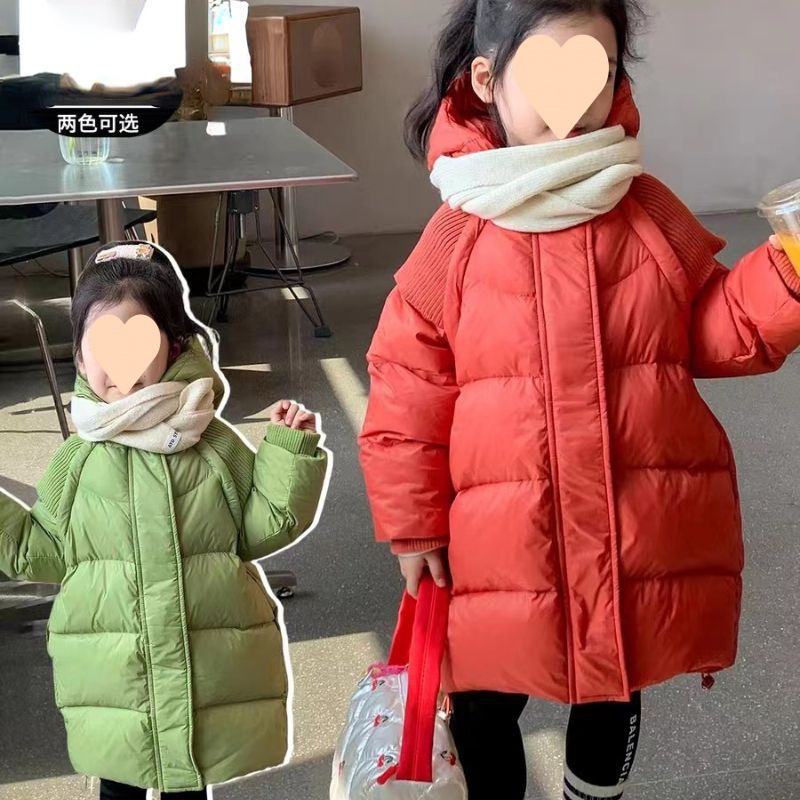 过膝男女童中大童棉服24冬季新款保暖儿童加厚连帽宝宝洋气棉衣