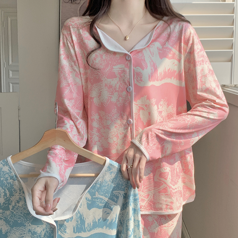 2002XM春夏季常规款长袖开衫薄款水墨画印花宽松休闲睡衣两件套装