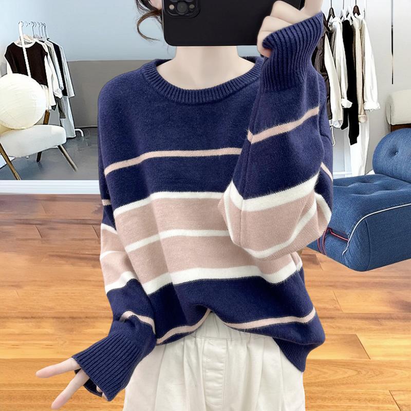 高品质冬装加厚宽松条纹拼色针织衫女复古上衣保暖宽松打底毛衣